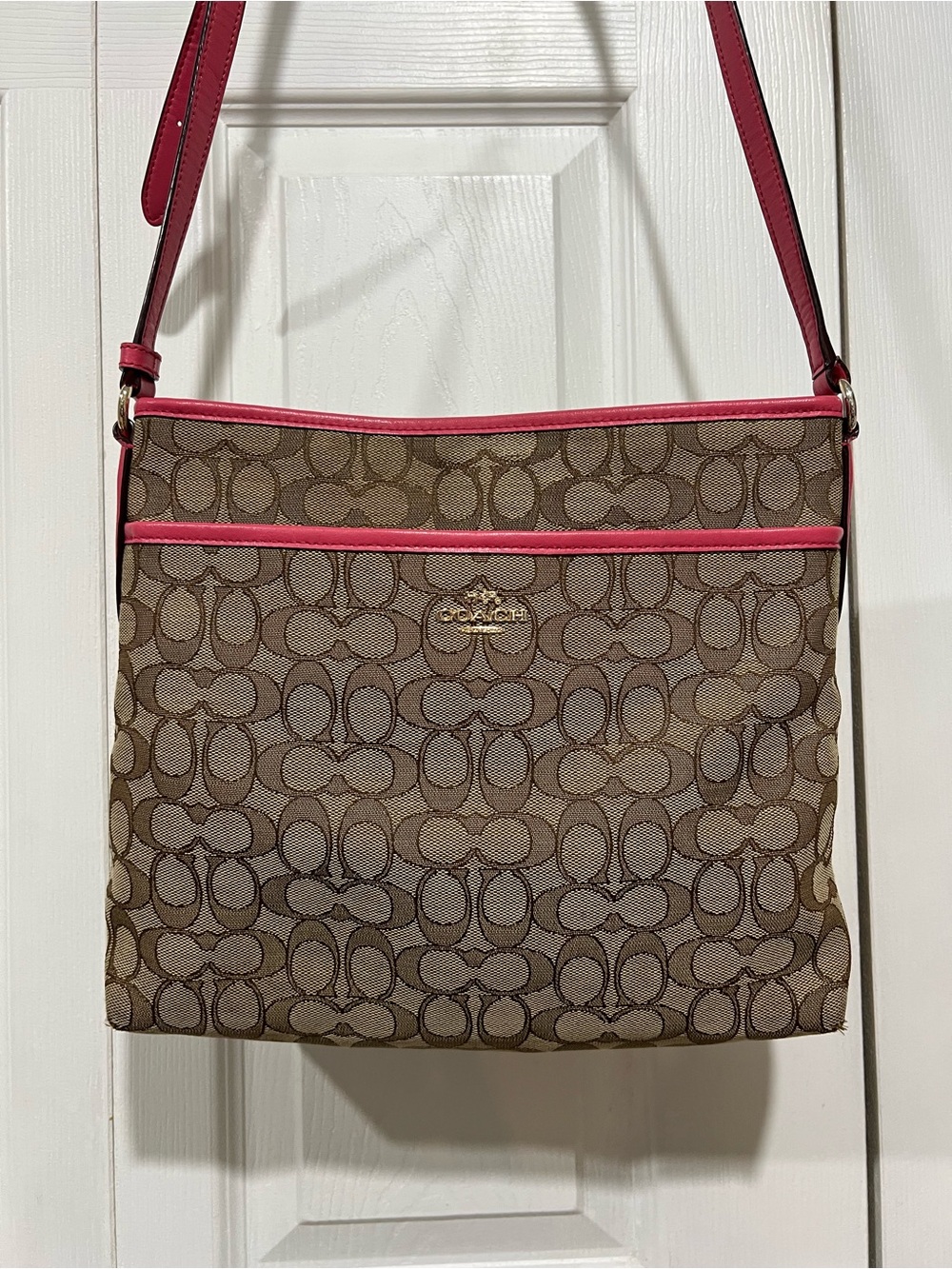 💙 Coach Signature File Bag Crossbody Khaki / Brown Canvas Pink Leather Trim